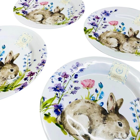 The Prairie Easter Rabbit Bunny Floral Melamine Salad Plates 4PC Set Garden - Picture 3 of 6